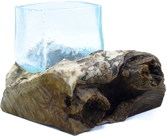 Blauwe, gebarsten glazen kubus op een stuk verweerd drijfhout met textuur en knoesten.