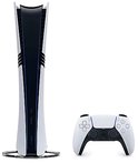 PlayStation 5 Pro console met DualSense controller, in wit met zwarte accenten.