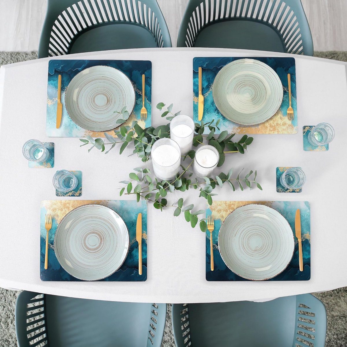 Set van 4 Rechthoekige Kurk Placemats met Marmerprint en Onderzetters - Hittebestendig