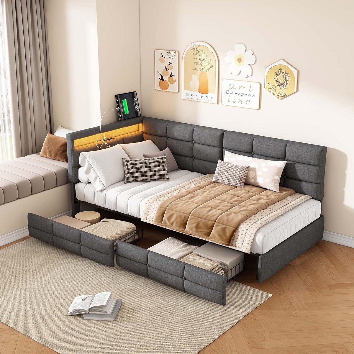Uittrekbare Slaapbank 90x200 naar 180x200 cm - Gestoffeerd Multifunctioneel Bed met Lattenbodem