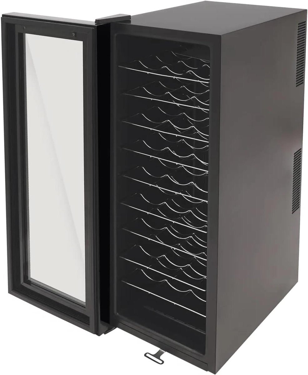 Premium - Wijnkoelkast voor 30 flessen - Compressor koeling - Glazen deur - 90 liter capaciteit - 12-18 graden Celsius - Thuisgebruik - Zwart metaal - Wijnkoelkast geschikt voor 0.75L flessen - Ingebouwde verlichting - Geluidsarm - Energielabel A+