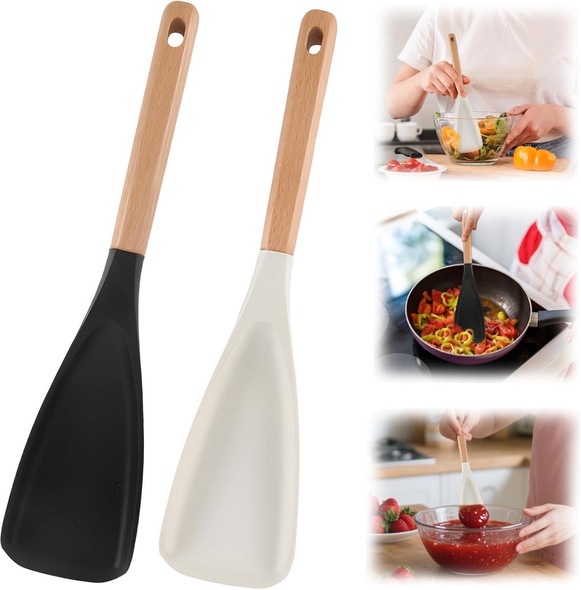 Set van 2 Siliconen Kooklepels met Houten Handvat - Zwart en Wit