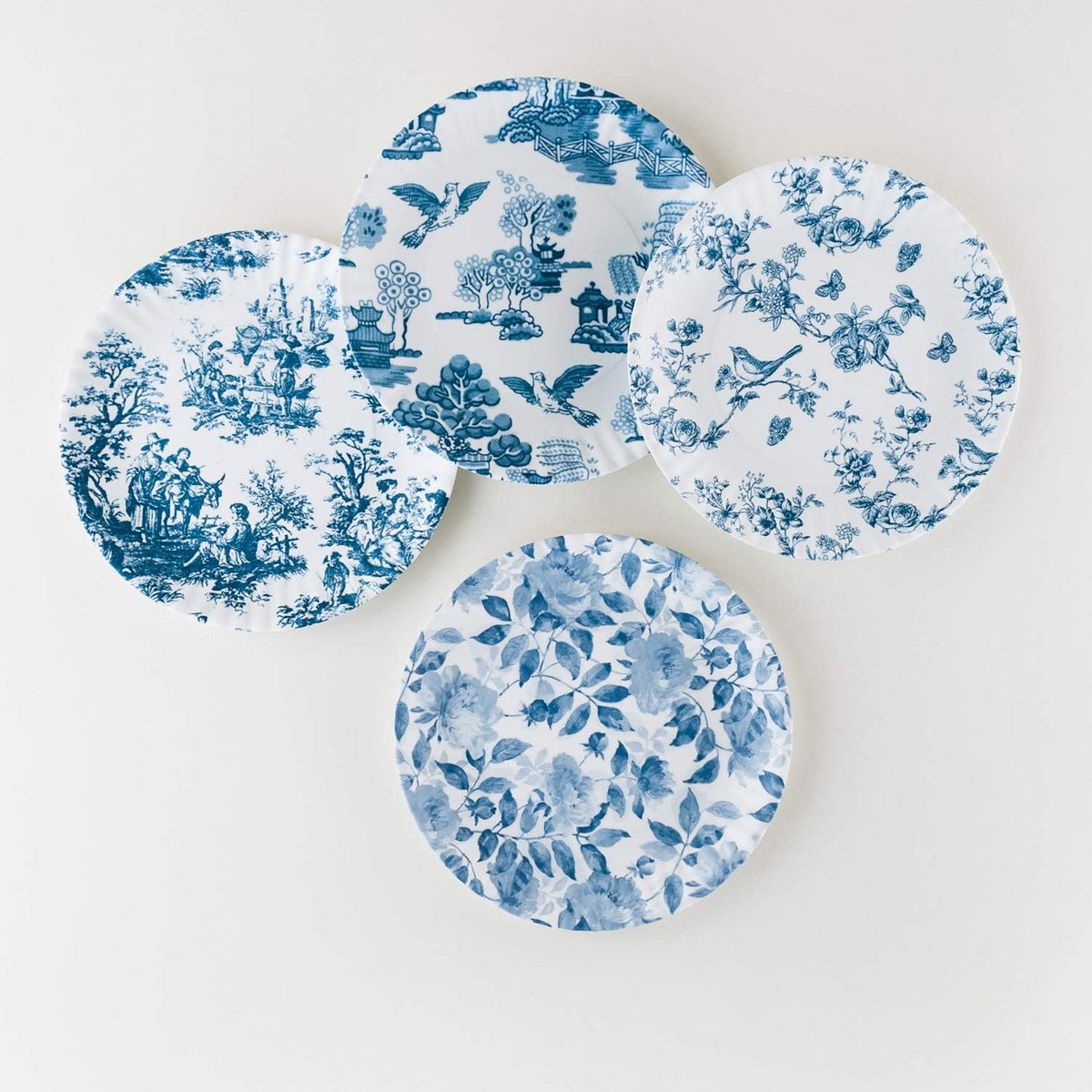 Set van 4 Melamine Borden Blauw Wit – Duurzaam en Herbruikbaar Buiten Servies