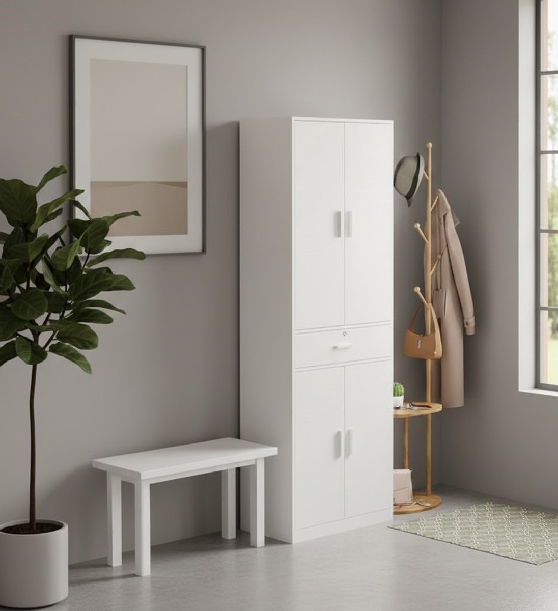 Multifunctionele Opbergkast House&Garden – Smalle Hoge Kast 60x180x34 cm – Kantoorkast, Archiefkast, Kledingkast, Keukenkast, Kast met Lade en Deuren – Witte Opbergoplossing voor Woonkamer, Hal en Slaapkamer