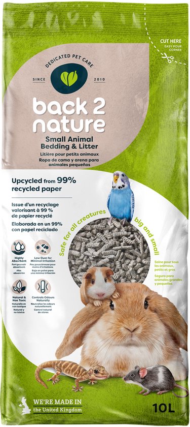 Zak met kattenbakvulling van 10 liter, met een konijn, cavia, hagedis en muis erop.