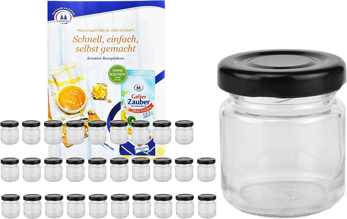 Set van 28 ronde glazen 53 ml met zwarte deksels en receptenboekje