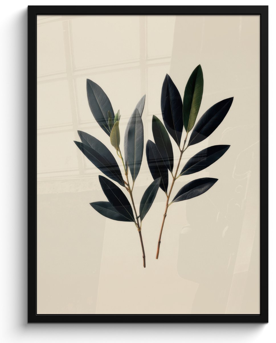 FrameYourWall Poster in lijst - Fotolijst 50x70 cm - Posters - Ovaalvormige bladeren - Diep groen - Symmetrisch - Posterlijst zwart - Decoratie - Wanddecoratie woonkamer - Muurdecoratie slaapkamer