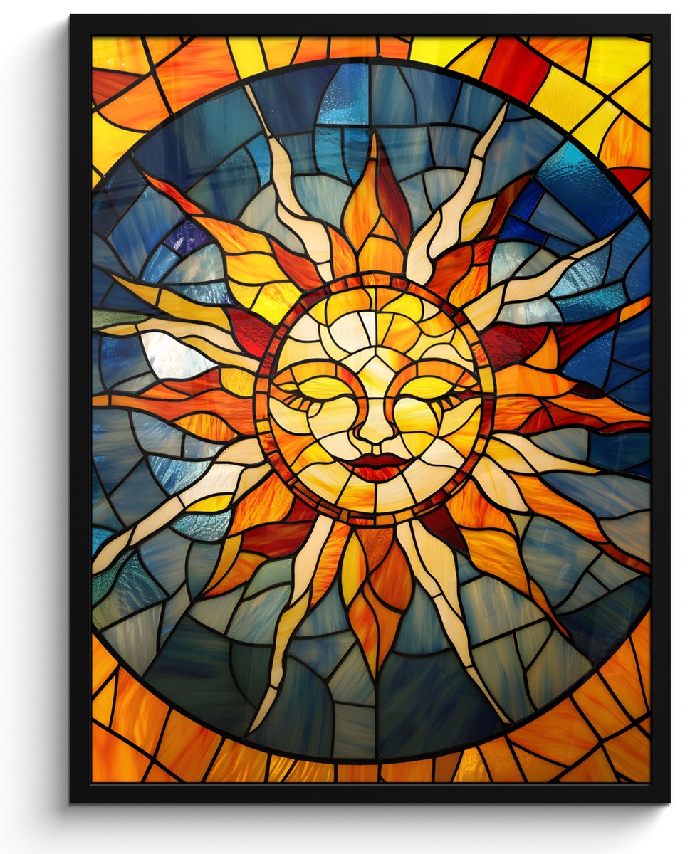 FrameYourWall Poster in lijst - Fotolijst 50x70 cm - Posters - Mozaïek - Zon - Geel - Cirkel - Posterlijst zwart - Decoratie - Wanddecoratie woonkamer - Muurdecoratie slaapkamer Zon - Mozaïek