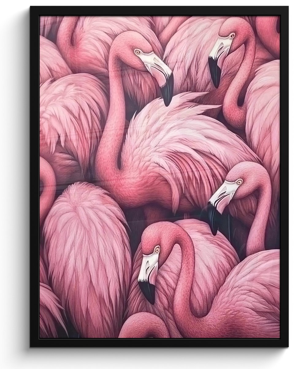 FrameYourWall Poster in lijst - Fotolijst 50x70 cm - Posters - Flamingo - Roze - Dieren - Posterlijst zwart - Decoratie - Wanddecoratie woonkamer - Muurdecoratie slaapkamer