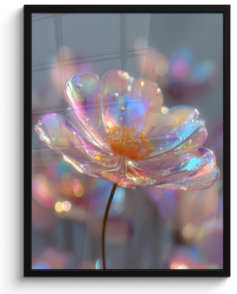 FrameYourWall Poster in lijst - Fotolijst 50x70 cm - Posters - Bloem - Transparant - Pastelkleuren - Druppels - Posterlijst zwart - Decoratie - Wanddecoratie woonkamer - Muurdecoratie slaapkamer Bloem - Transparant - Druppels