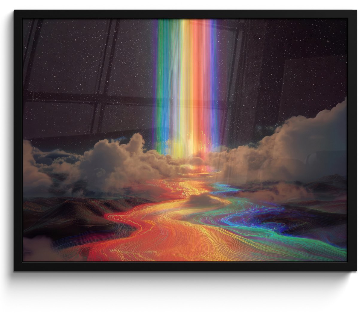 FrameYourWall Poster in lijst - Fotolijst 70x50 cm - Posters - Regenboog - Verticaal - Sterrenhemel - Wolken - Posterlijst zwart - Decoratie - Wanddecoratie woonkamer - Muurdecoratie slaapkamer Regenboog - Sterrenhemel - Wolken