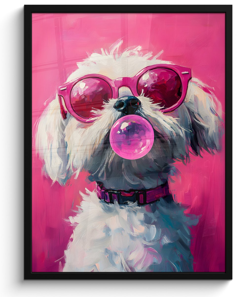 FrameYourWall Poster in lijst - Fotolijst 50x70 cm - Posters - Pink - Hond - Bubbel - Posterlijst zwart - Decoratie - Wanddecoratie woonkamer - Muurdecoratie slaapkamer Hond - Kauwgom