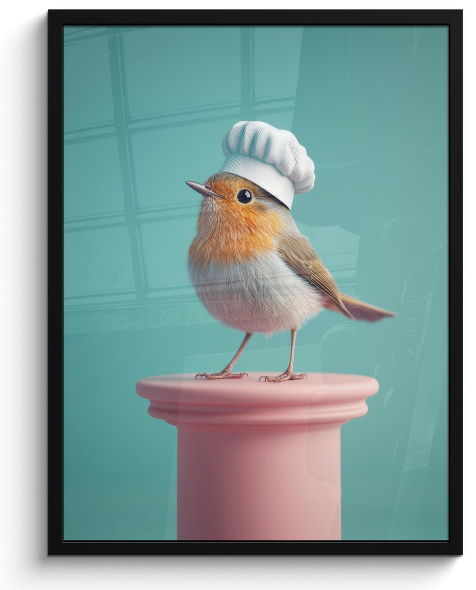 FrameYourWall Fotolijst inclusief poster - Posterlijst 50x70 cm - Posters - Roodborstje - Vogel - Koksmuts - Sokkel - Foto in lijst - Keuken decoratie muur - Wanddecoratie accessoires - Muurdecoratie - Schilderijen Kokmuts - Roodborstje