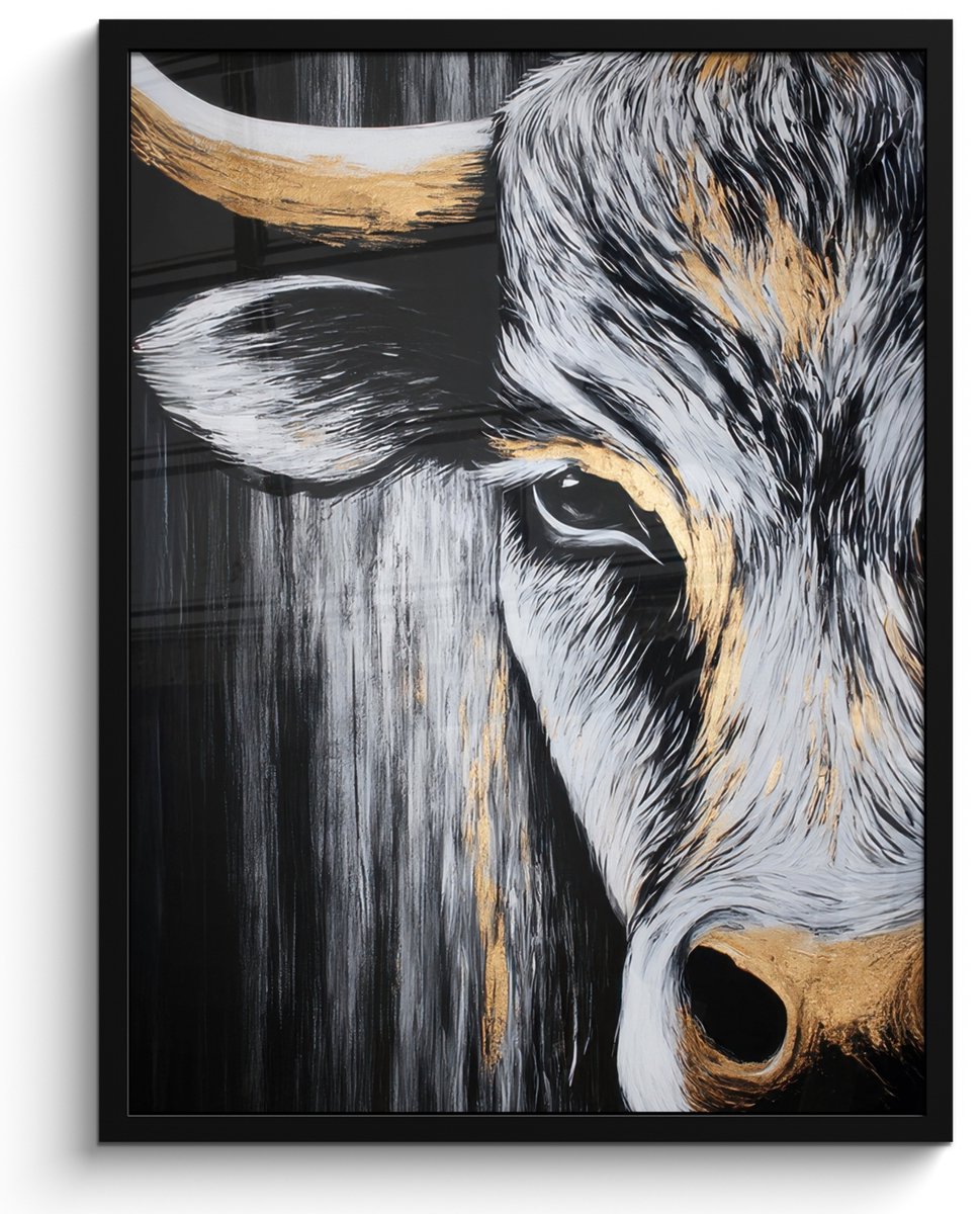FrameYourWall Poster in lijst - Fotolijst 50x70 cm - Posters - Stier - Hoorns - Snuit - Goud - Posterlijst zwart - Decoratie - Wanddecoratie woonkamer - Muurdecoratie slaapkamer