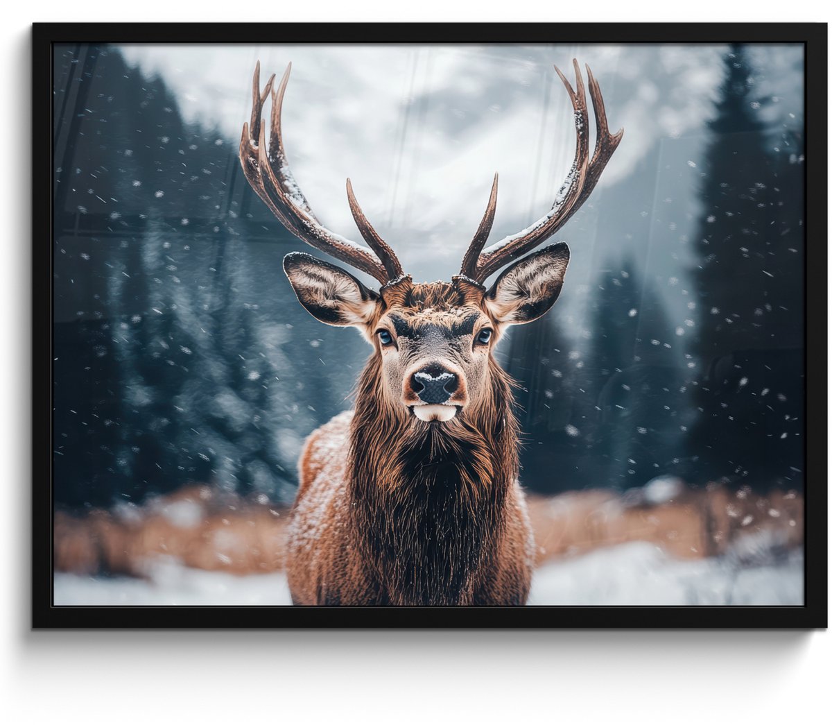 FrameYourWall Poster in lijst - Fotolijst 70x50 cm - Posters - Hert - Dieren - Landschap - Winter - Sneeuw - Posterlijst zwart - Decoratie - Wanddecoratie woonkamer - Muurdecoratie slaapkamer