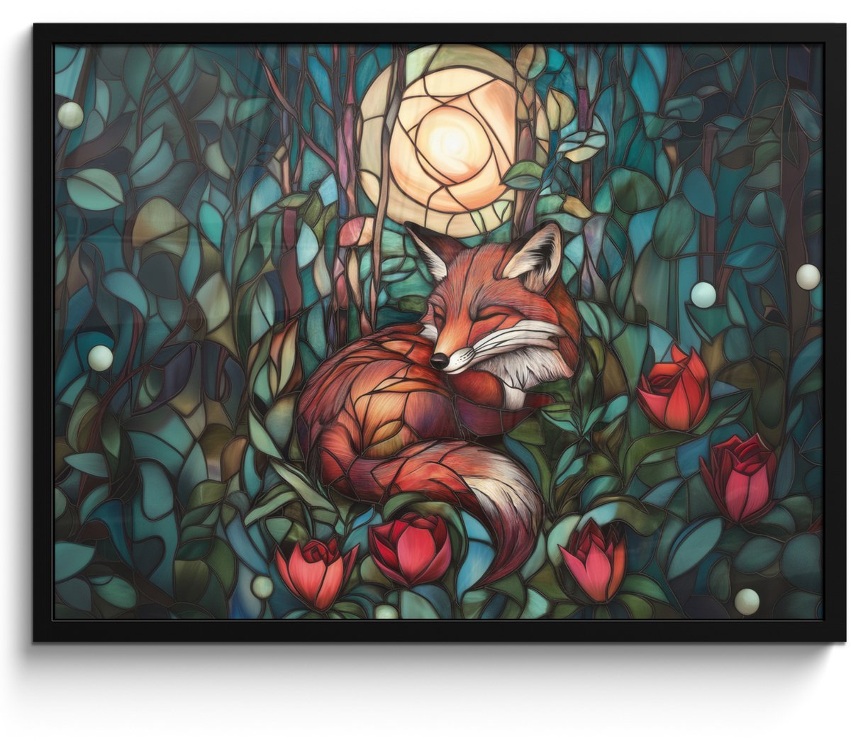 FrameYourWall Poster in lijst - Fotolijst 70x50 cm - Posters - Vos - Mozaïek - Bos - Maan - Posterlijst zwart - Decoratie - Wanddecoratie woonkamer - Muurdecoratie slaapkamer Vos - Bladeren
