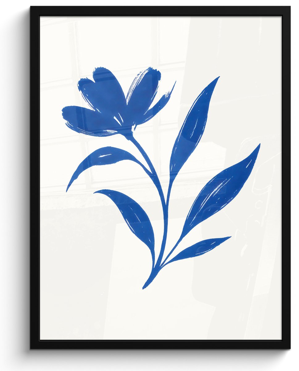 FrameYourWall Poster in lijst - Fotolijst 50x70 cm - Posters - Bloem - Blaadjes - Minimalistisch - Blauw - Posterlijst zwart - Decoratie - Wanddecoratie woonkamer - Muurdecoratie slaapkamer