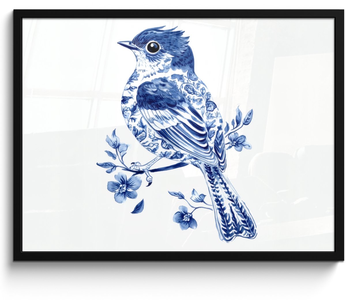 FrameYourWall Poster in lijst - Fotolijst 70x50 cm - Posters - Vogel - Delfts blauw - Illustratie - Bloemen - Posterlijst zwart - Decoratie - Wanddecoratie woonkamer - Muurdecoratie slaapkamer Vogel - Bloemen