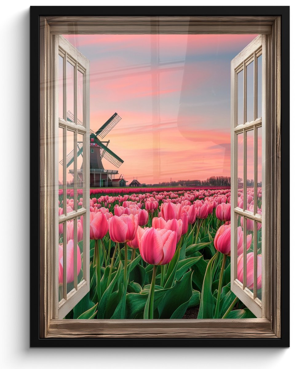 FrameYourWall Poster in lijst - Fotolijst 50x70 cm - Posters - Doorkijk - Tulpen - Bloemen - Molen - Raam - Posterlijst zwart - Decoratie - Wanddecoratie woonkamer - Muurdecoratie slaapkamer