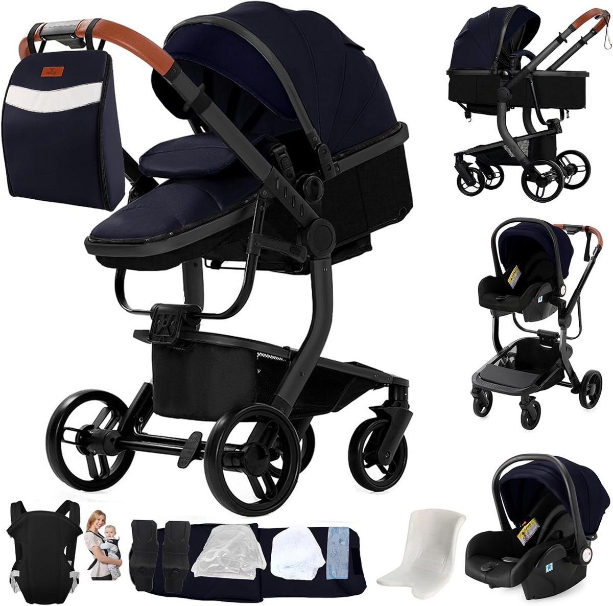 3-in-1 Kinderwagen met PU-Leer Draagzak en Dubbele Schuif