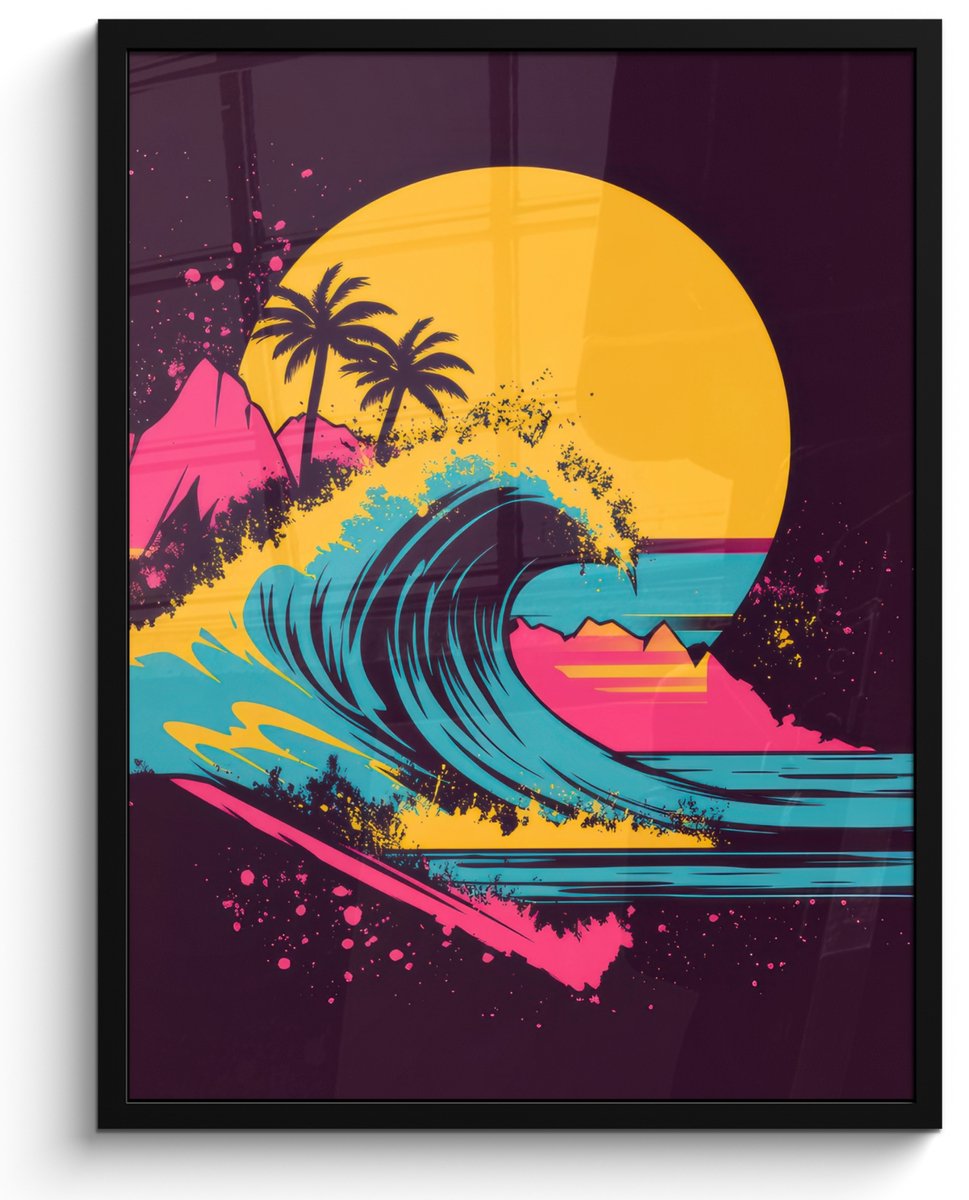 FrameYourWall Poster in lijst - Fotolijst 50x70 cm - Posters - Golf - Kleurrijk - Zon - Palmbomen - Posterlijst zwart - Decoratie - Wanddecoratie woonkamer - Muurdecoratie slaapkamer