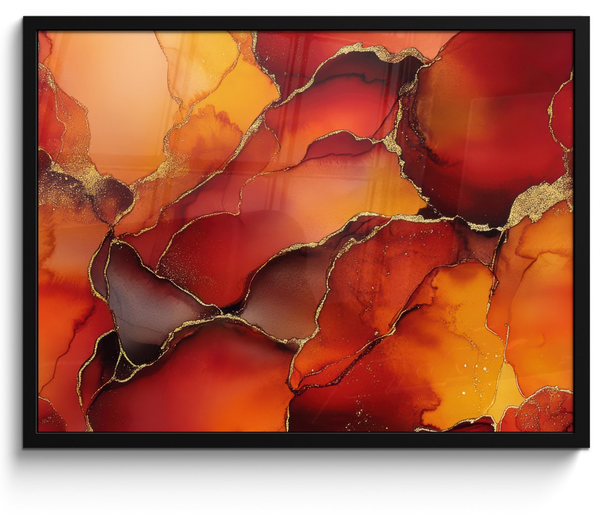 FrameYourWall Poster in lijst - Fotolijst 70x50 cm - Posters - Rood - Marmer - Goud - Herfst kleuren - Abstract - Posterlijst zwart - Decoratie - Wanddecoratie woonkamer - Muurdecoratie slaapkamer