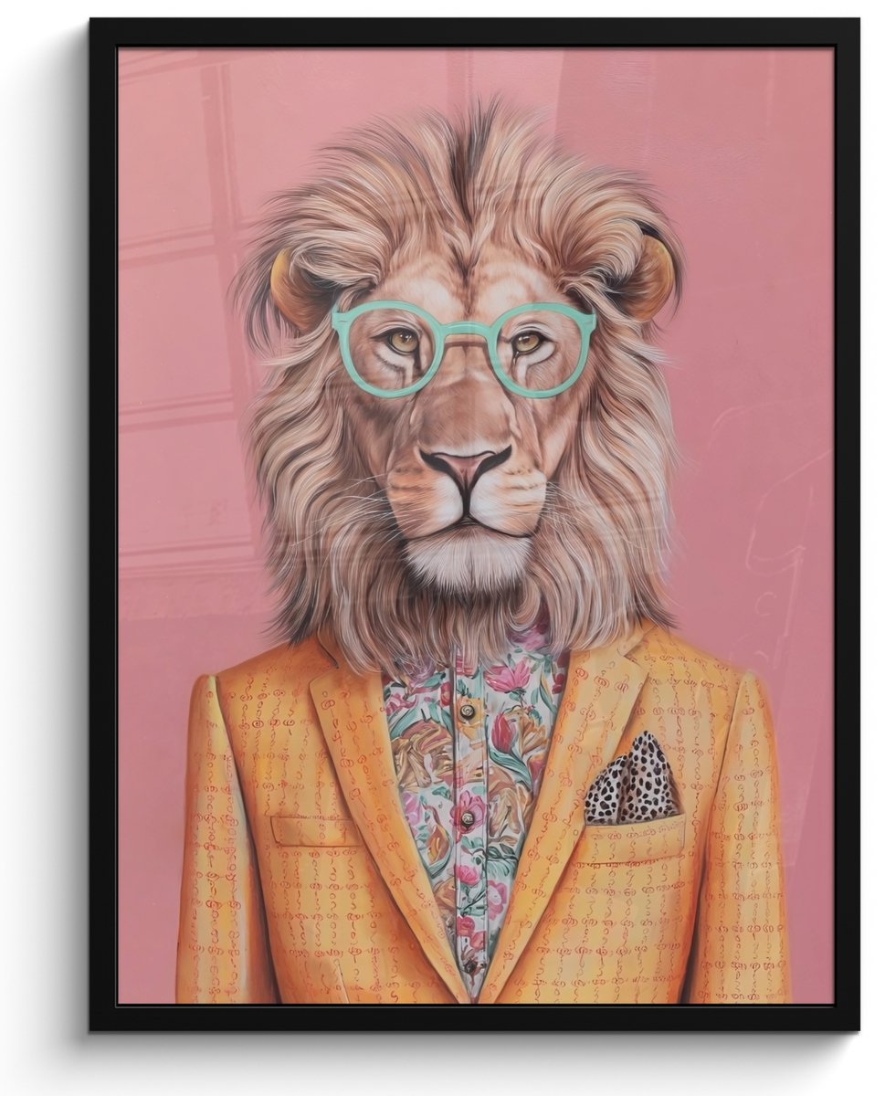 FrameYourWall Poster in lijst - Fotolijst 50x70 cm - Posters - Leeuw - Pak - Geruit - Bril - Posterlijst zwart - Decoratie - Wanddecoratie woonkamer - Muurdecoratie slaapkamer