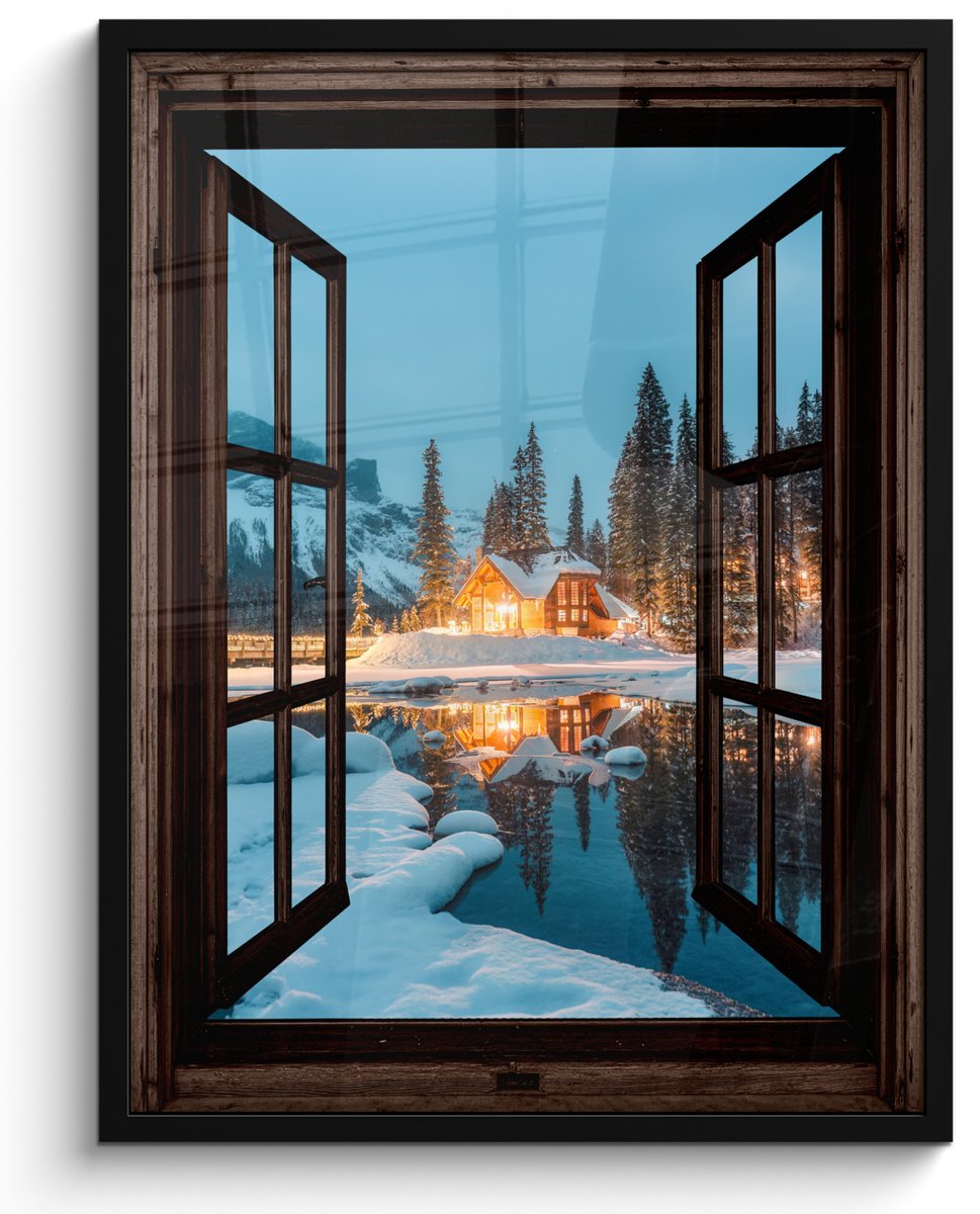 FrameYourWall Poster in lijst - Fotolijst 50x70 cm - Posters - Doorkijk - Winter - Landschap - Natuur - Huis - Bergen - Posterlijst zwart - Decoratie - Wanddecoratie woonkamer - Muurdecoratie slaapkamer Bergmeer