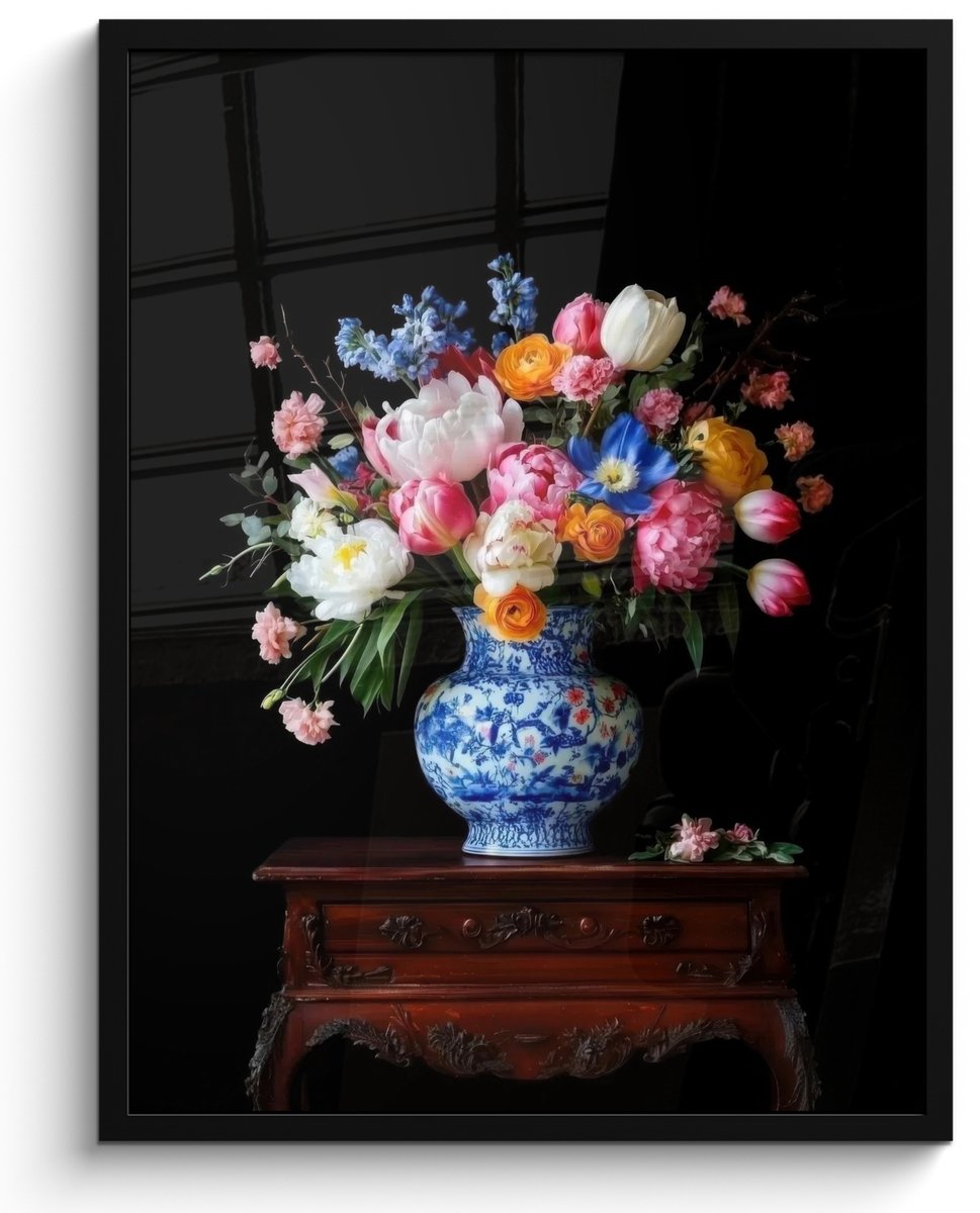 FrameYourWall Poster in lijst - Fotolijst 50x70 cm - Posters - Rozen - Bloemen - Vaas - Boeket - Posterlijst zwart - Decoratie - Wanddecoratie woonkamer - Muurdecoratie slaapkamer Bloemen - Rozen