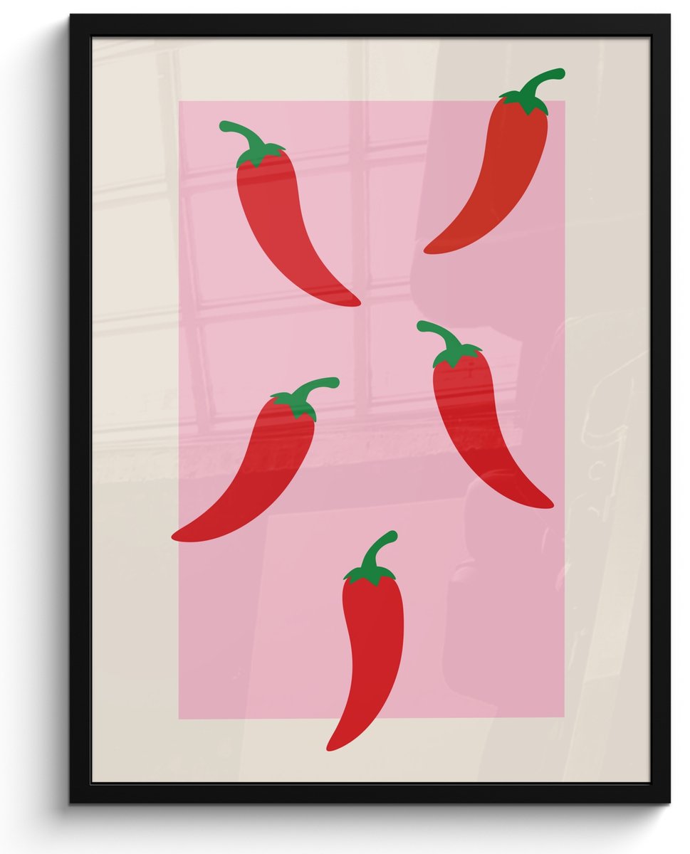 FrameYourWall Fotolijst inclusief poster - Posterlijst 50x70 cm - Posters - Pepers - Rood - Illustratie - Foto in lijst - Keuken decoratie muur - Wanddecoratie accessoires - Muurdecoratie - Schilderijen Chilipepers