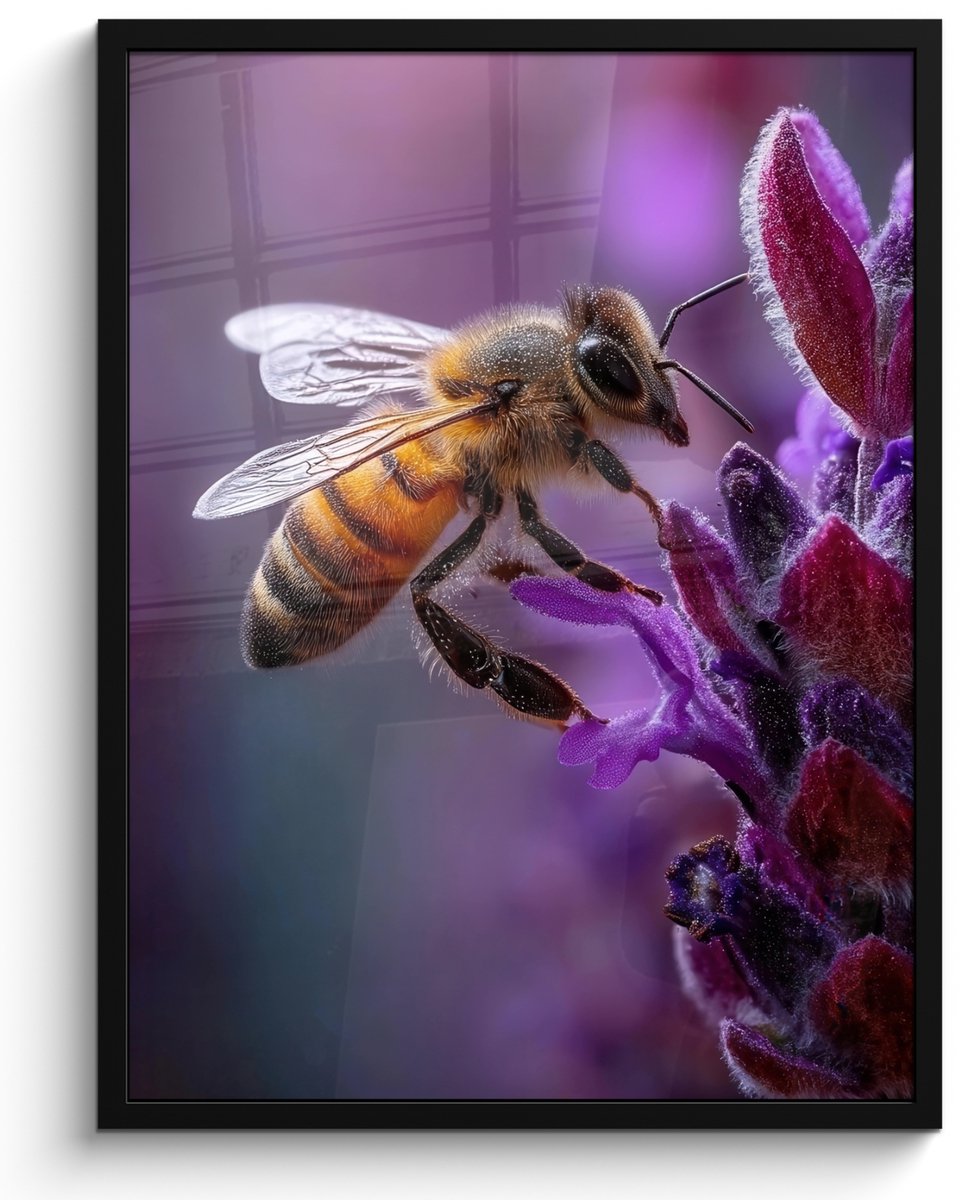 FrameYourWall Poster in lijst - Fotolijst 50x70 cm - Posters - Honingbij - Paarse bloemen - Details - Posterlijst zwart - Decoratie - Wanddecoratie woonkamer - Muurdecoratie slaapkamer Honingbij - bloemen