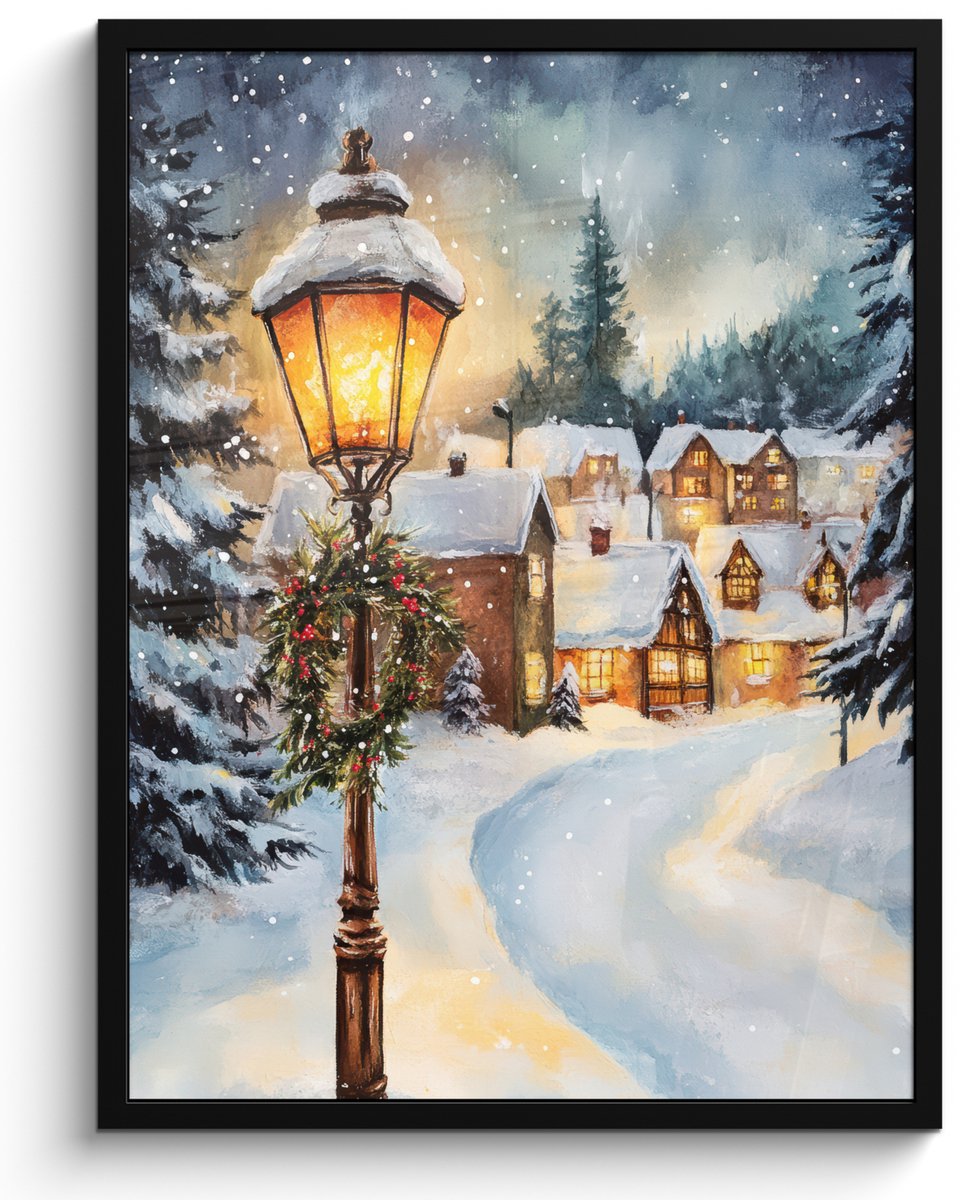 FrameYourWall Poster in lijst - Fotolijst 50x70 cm - Posters - Kerstdorp - Huizen - Sneeuw - Kerst - Posterlijst zwart - Decoratie - Wanddecoratie woonkamer - Kerstdecoratie voor binnen - Kerstversiering - Kerstmis versiering in huis - Kerstaccessoires