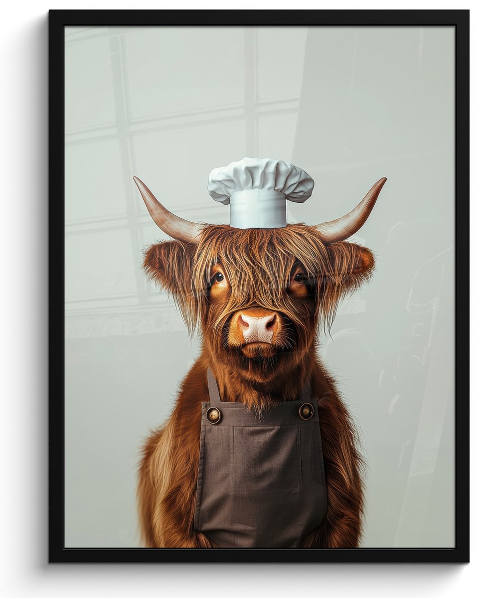 FrameYourWall Poster in lijst - Fotolijst 50x70 cm - Posters - Schotse Hooglander - Bruin - Hoorns - Kokskleding - Posterlijst zwart - Decoratie - Wanddecoratie woonkamer - Muurdecoratie slaapkamer Schotse hooglander - Kok