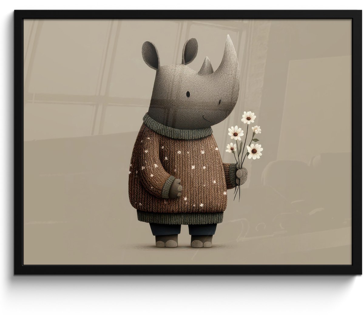 FrameYourWall Poster in lijst - Fotolijst 70x50 cm - Posters - Neushoorn - Witte bloemen - Lief - Posterlijst zwart - Decoratie - Wanddecoratie woonkamer - Muurdecoratie slaapkamer Neushoorn - Bloemen