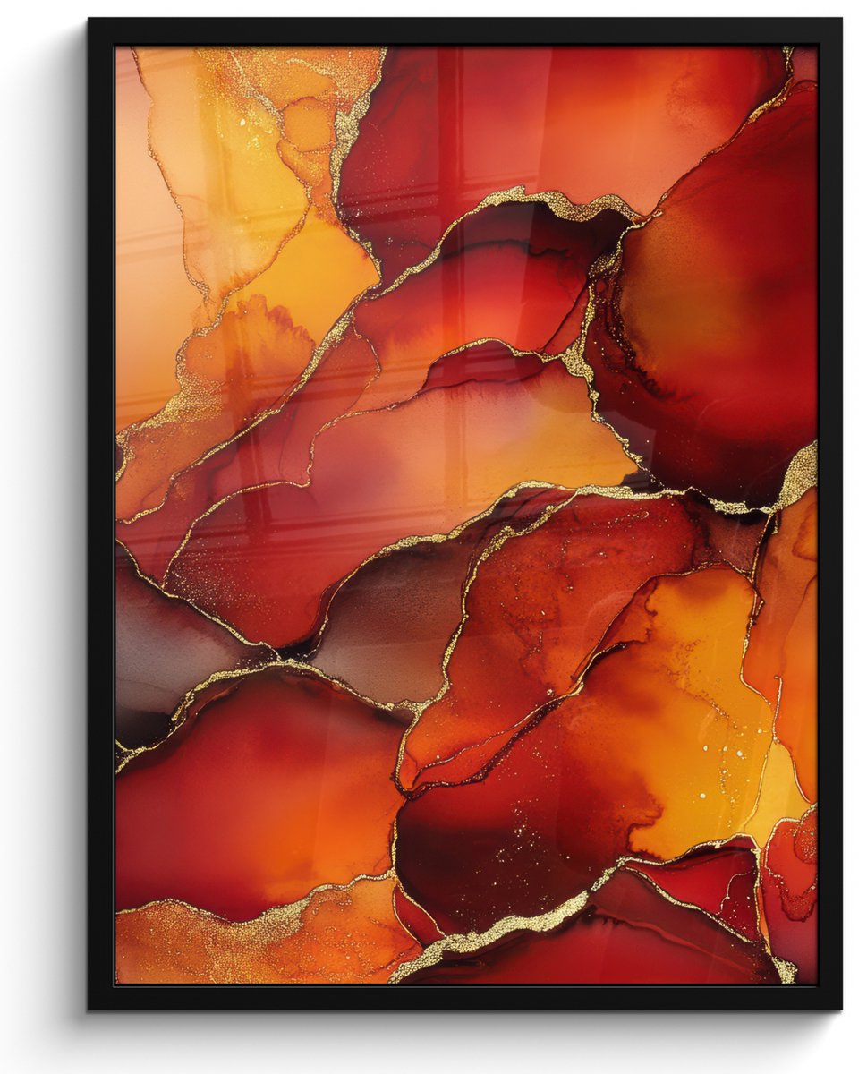 FrameYourWall Poster in lijst - Fotolijst 50x70 cm - Posters - Rood - Marmer - Goud - Herfst kleuren - Abstract - Posterlijst zwart - Decoratie - Wanddecoratie woonkamer - Muurdecoratie slaapkamer
