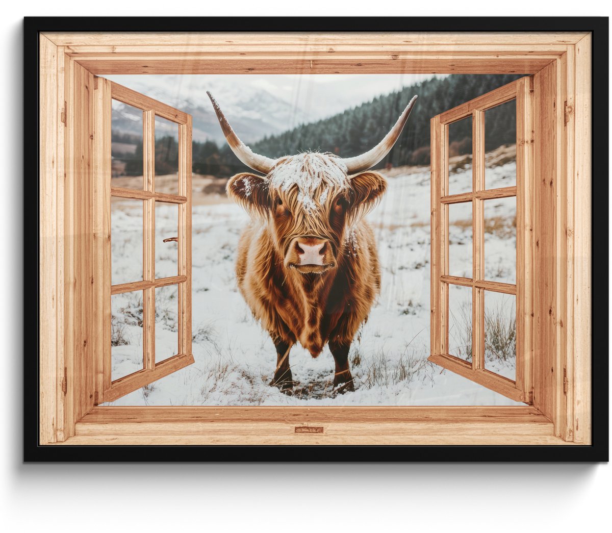 FrameYourWall Poster in lijst - Fotolijst 70x50 cm - Posters - Schotse Hooglander - Landschap - Landelijk - Bergen - Winter - Doorkijk - Posterlijst zwart - Decoratie - Wanddecoratie woonkamer - Muurdecoratie slaapkamer