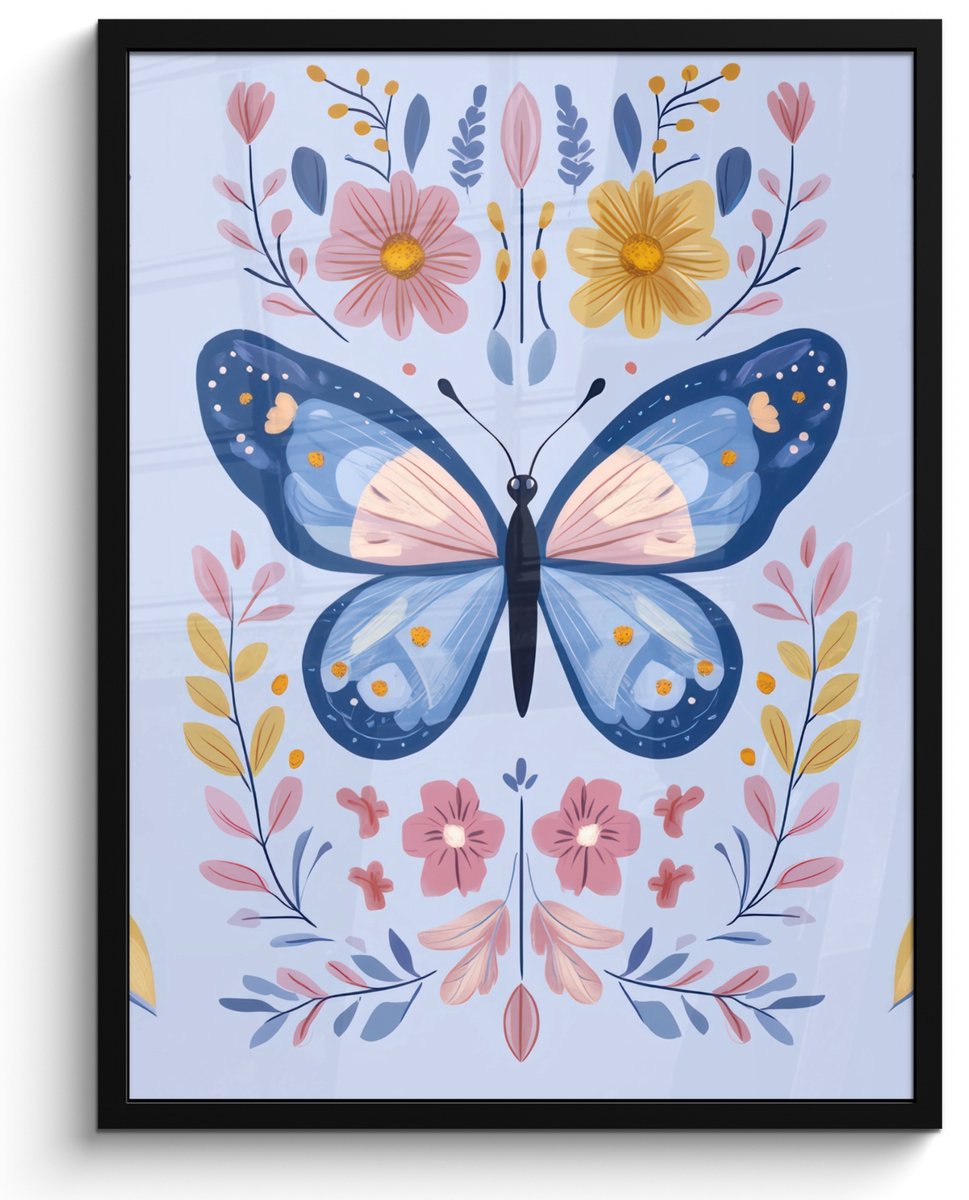 FrameYourWall Poster in lijst - Fotolijst 50x70 cm - Posters - Vlinder - Lichtblauw - Sierlijk - Bloemen - Posterlijst zwart - Decoratie - Wanddecoratie woonkamer - Muurdecoratie slaapkamer Vlinder - Sierlijk