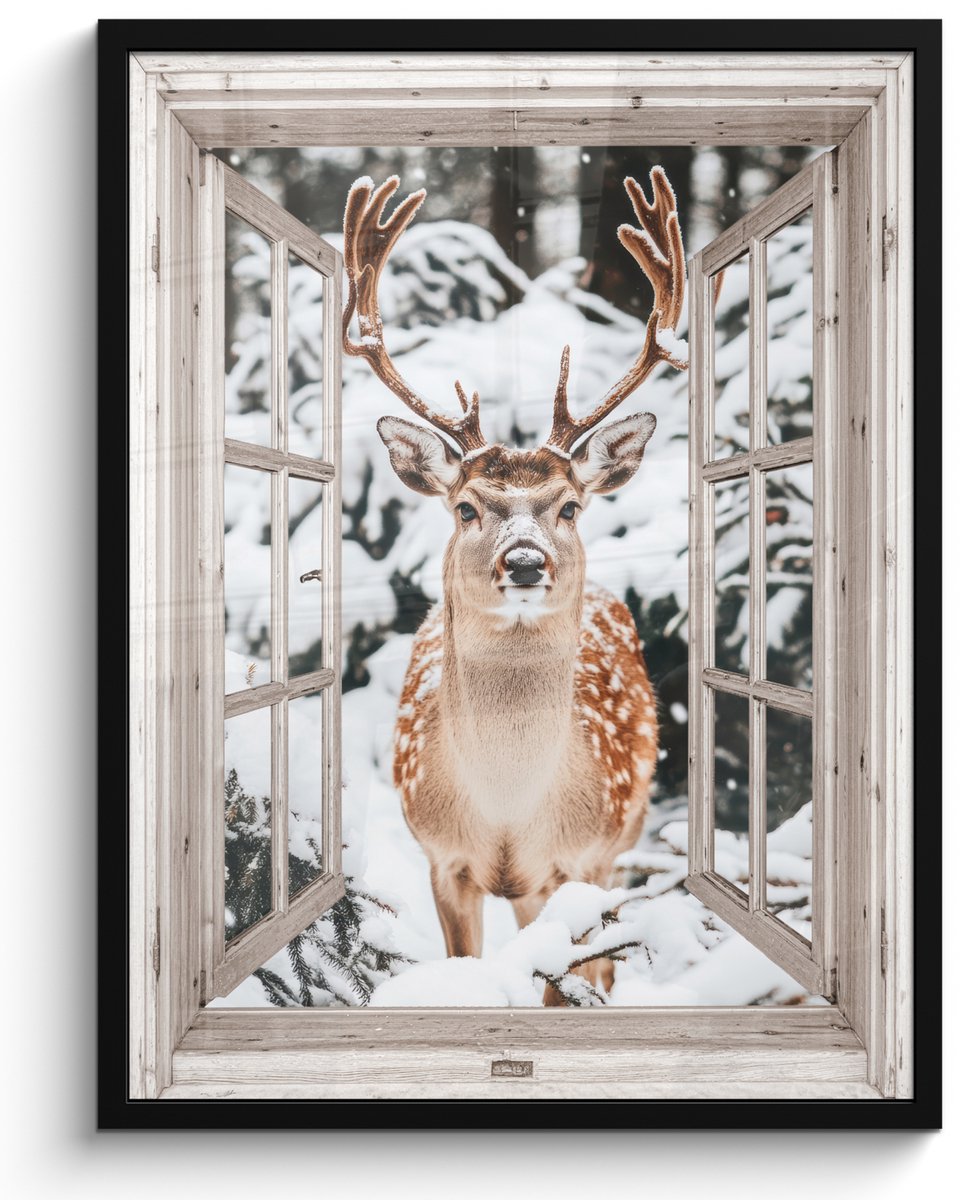 FrameYourWall Poster in lijst - Fotolijst 50x70 cm - Posters - Doorkijk - Hert - Sneeuw - Winter - Bos - Dieren - Natuur - Posterlijst zwart - Decoratie - Wanddecoratie woonkamer - Muurdecoratie slaapkamer