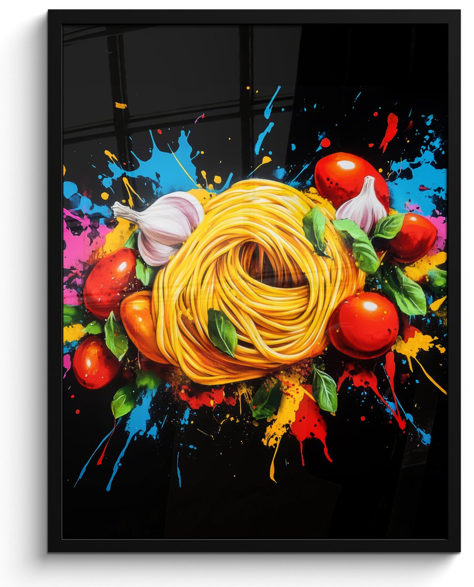 FrameYourWall Poster in lijst - Fotolijst 50x70 cm - Posters - Spaghetti - Graffiti - Verf - Kleurrijk - Eten - Modern - Posterlijst zwart - Decoratie - Wanddecoratie woonkamer - Muurdecoratie slaapkamer Graffiti - Spaghetti