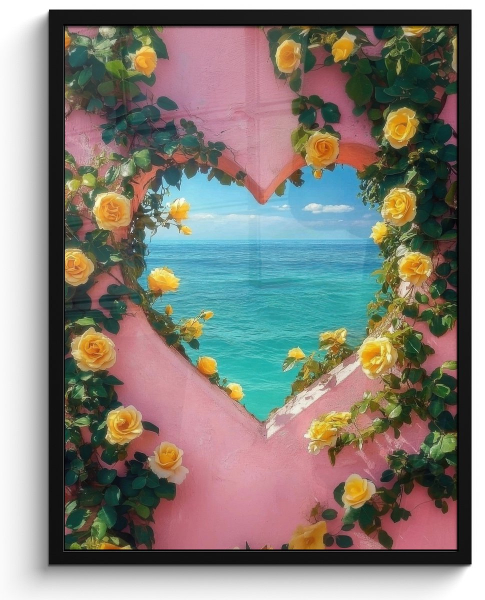 FrameYourWall Poster in lijst - Fotolijst 50x70 cm - Posters - Hart - Zee - Muur - Posterlijst zwart - Decoratie - Wanddecoratie woonkamer - Muurdecoratie slaapkamer Hart - Doorkijk