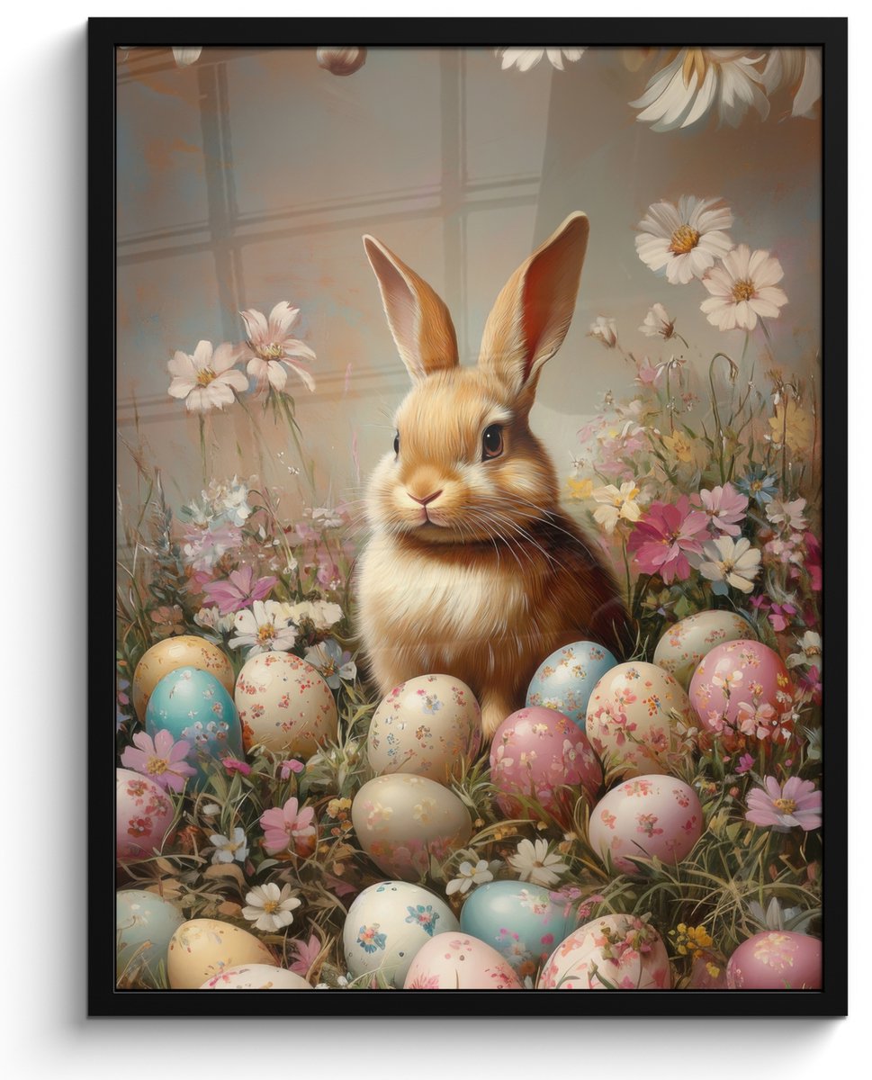 FrameYourWall Poster in lijst - Fotolijst 50x70 cm - Posters - Paashaas - Lente - Paaseieren - Posterlijst zwart - Decoratie - Wanddecoratie woonkamer - Muurdecoratie slaapkamer Paashaas - Vintage