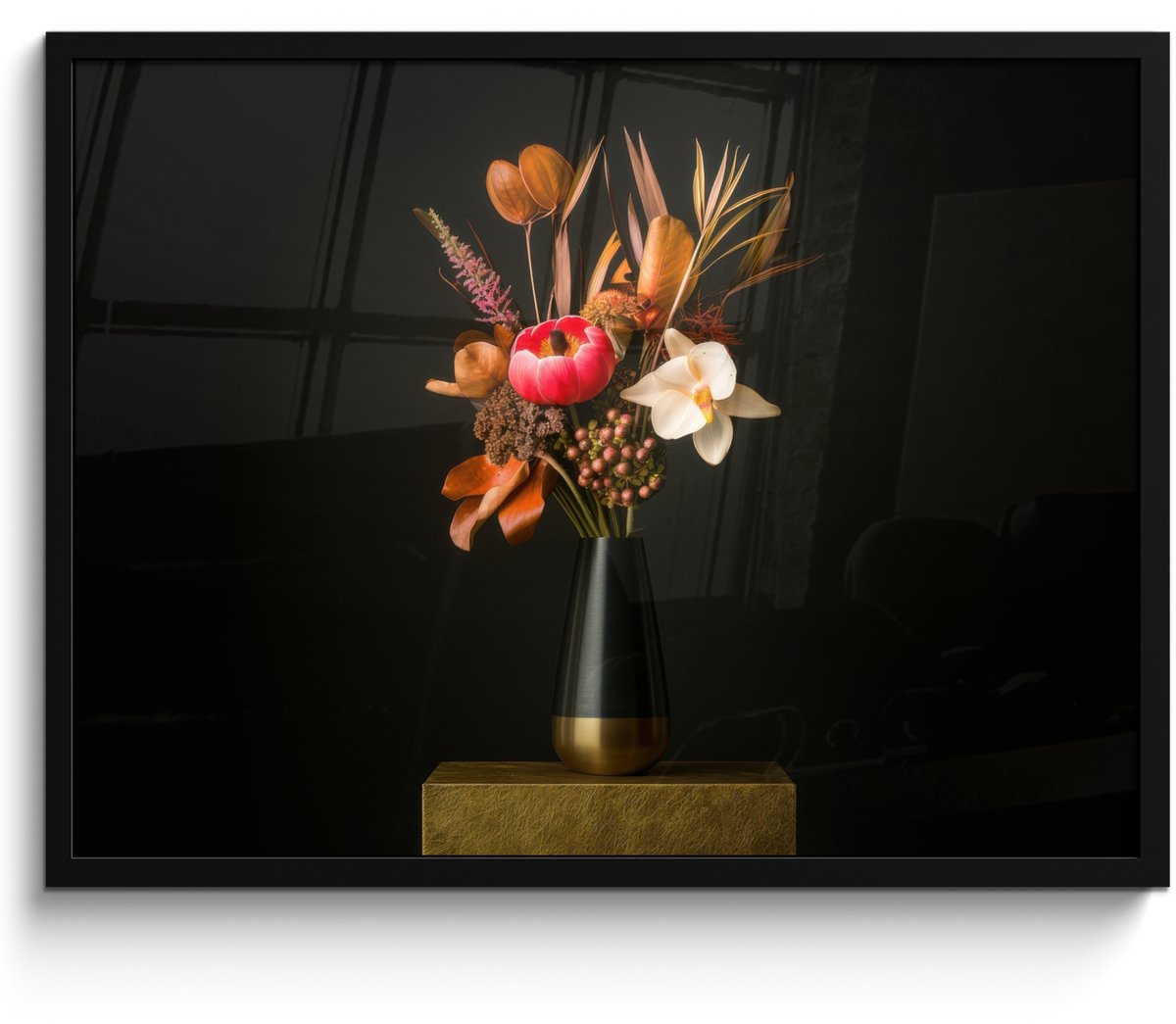 FrameYourWall Poster in lijst - Fotolijst 70x50 cm - Posters - Boeket - Oranje - Gouden - vaas - Posterlijst zwart - Decoratie - Wanddecoratie woonkamer - Muurdecoratie slaapkamer Boeket - Bloemen 3