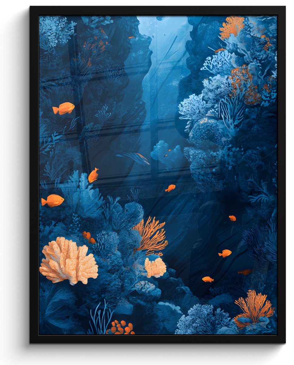 FrameYourWall Poster in lijst - Fotolijst 50x70 cm - Posters - Koraalrif - Vissen - Oceaan - Blauw - Posterlijst zwart - Decoratie - Wanddecoratie woonkamer - Muurdecoratie slaapkamer Vrouw - Water
