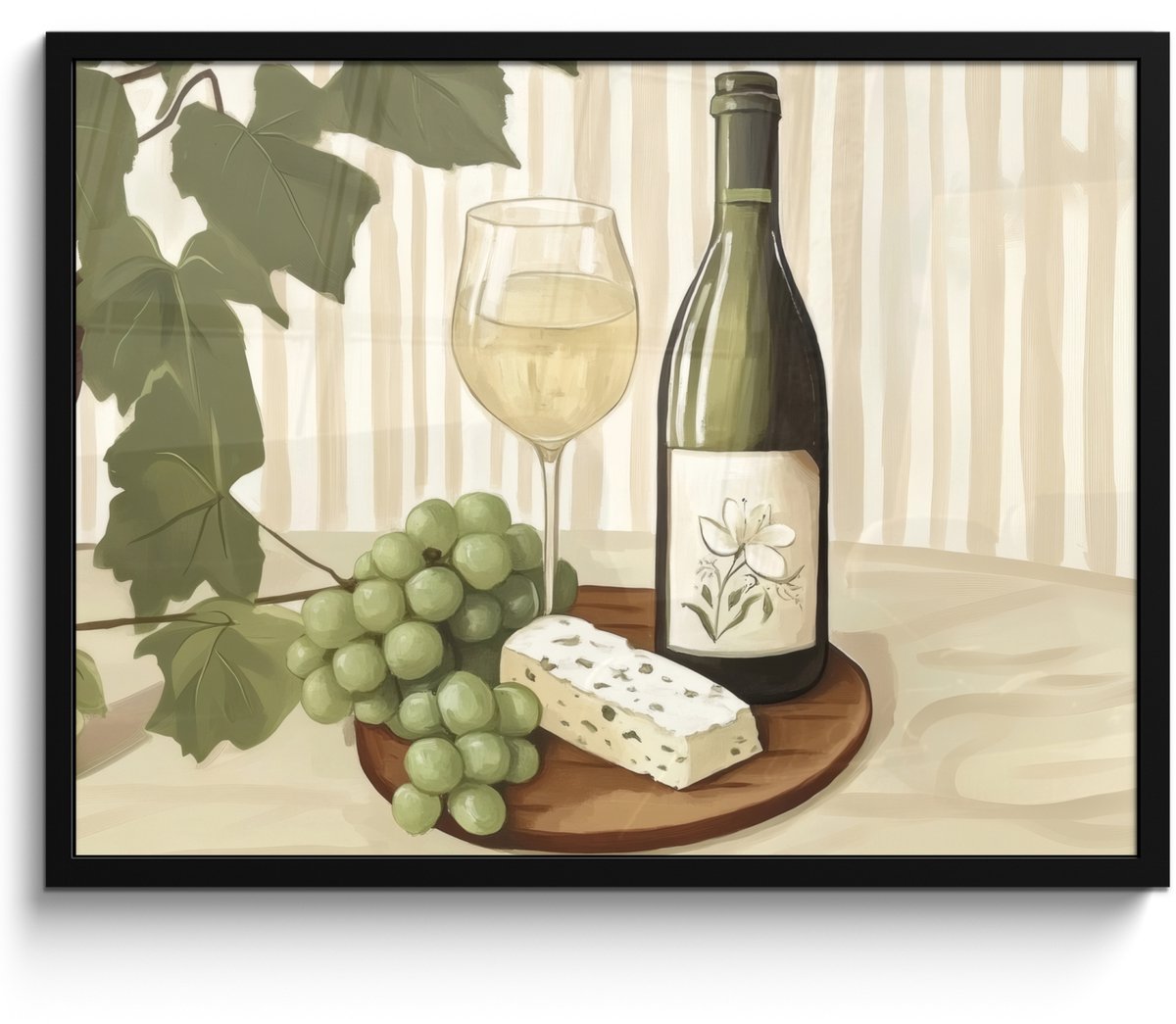 FrameYourWall Poster in lijst - Fotolijst 70x50 cm - Posters - Wijn - Druiven - Kaas - Bladeren - Posterlijst zwart - Decoratie - Wanddecoratie woonkamer - Muurdecoratie slaapkamer