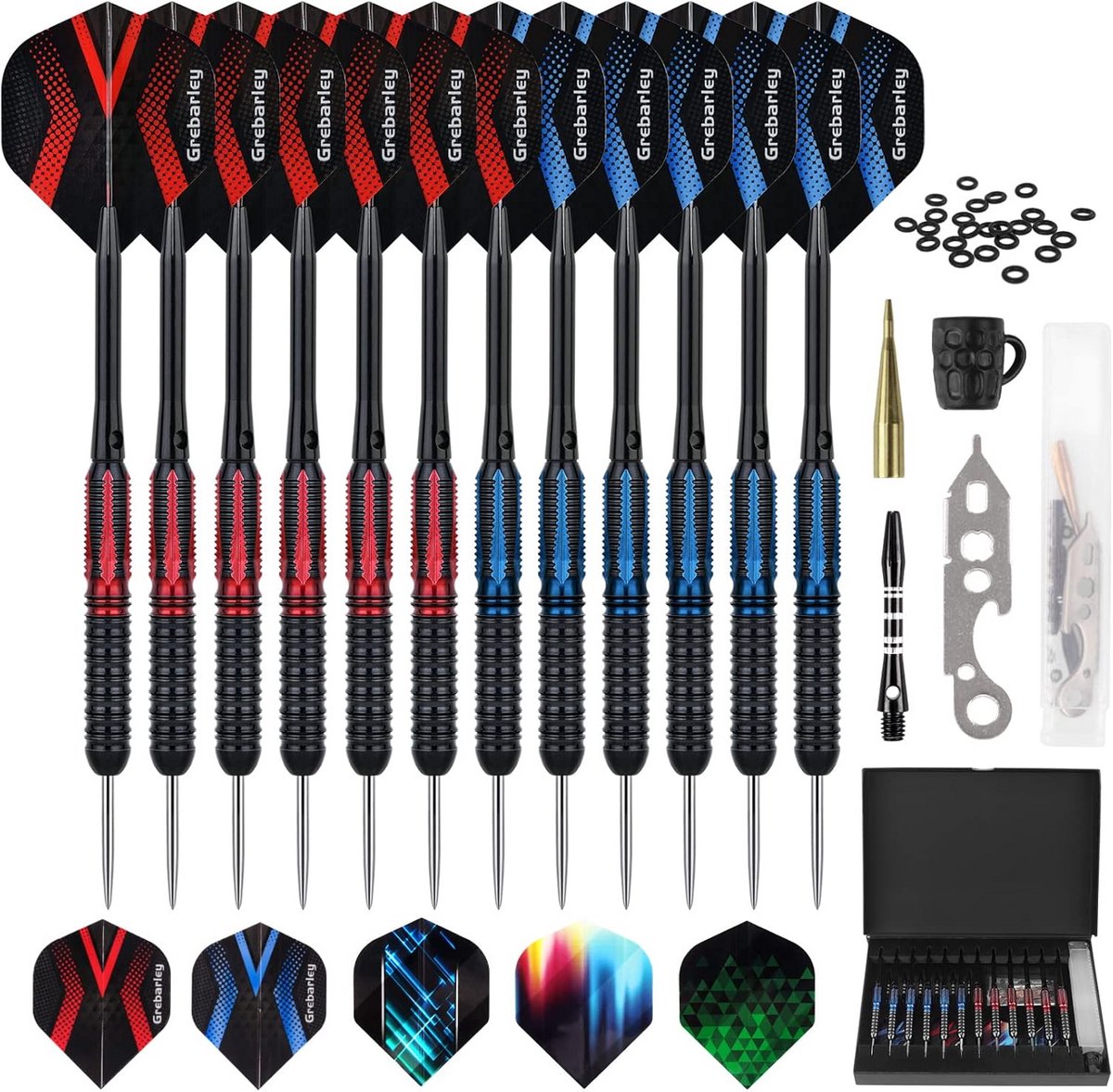 Dartpijlen set met metalen punt, 12 stuks in 20g en 22g, professionele stalen darts met aluminium schachten en accessoires