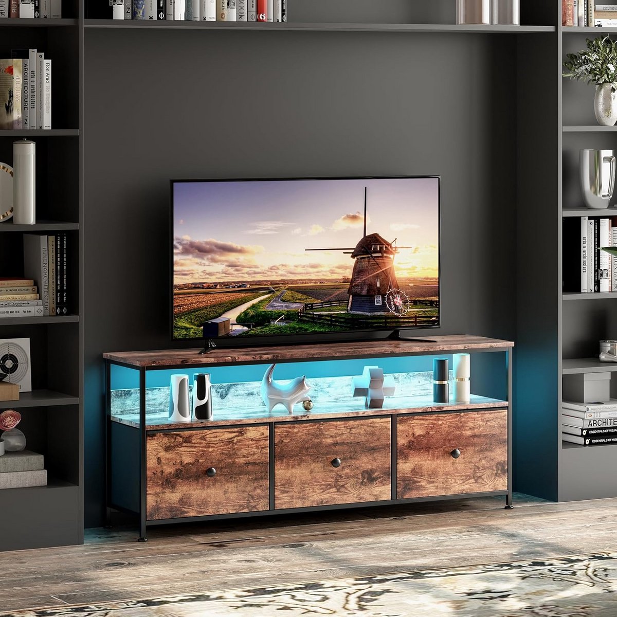 TV-kast 137 cm industrieel meubilair met 3 laden stalen frame houten tv-bank stof opbergkast voor woonkamer en slaapkamer