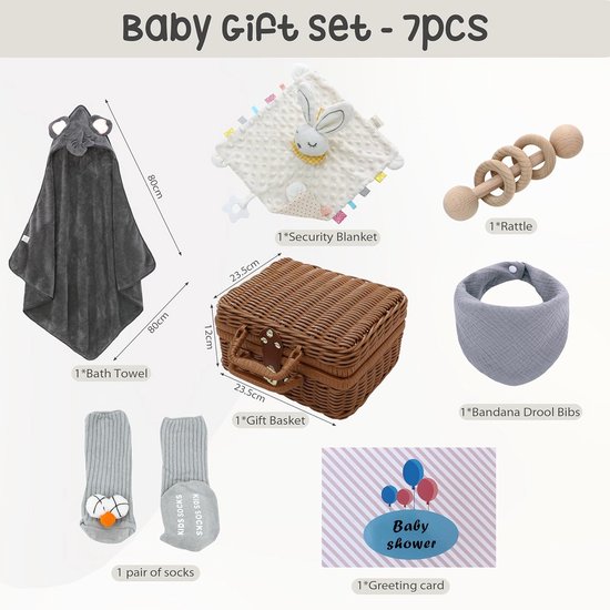 7 in 1 Pasgeboren Baby Cadeauset - Badhanddoek, Rustgevende Handdoek, Slabbetje, Rammelaar, Sokken, Wenskaart & Rieten Mand van Merkloos — afbeelding 4