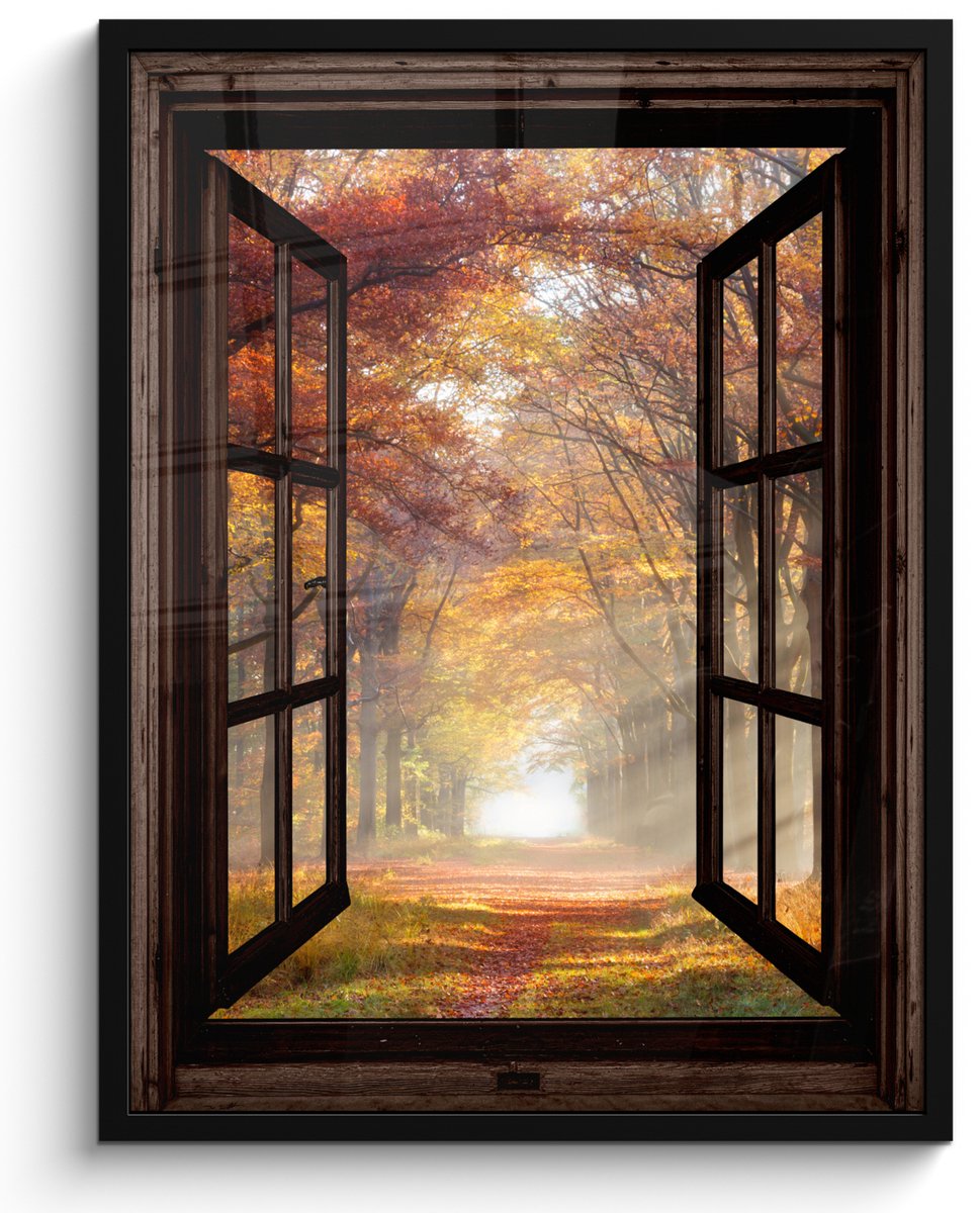 FrameYourWall Poster in lijst - Fotolijst 50x70 cm - Posters - Herfst - Bos - Bomen - Natuur - Doorkijk - Posterlijst zwart - Decoratie - Wanddecoratie woonkamer - Muurdecoratie slaapkamer Bruin
