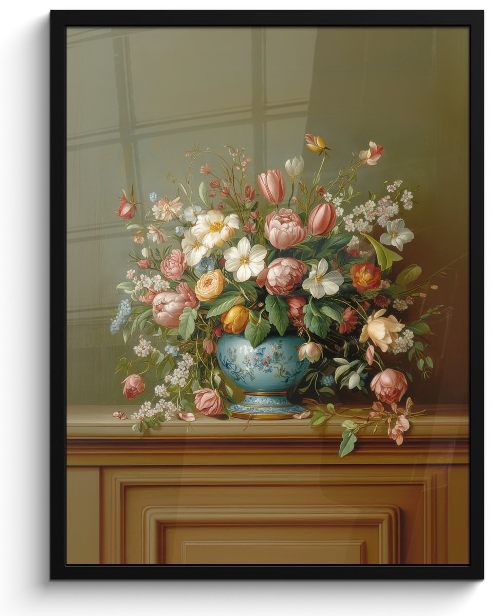 FrameYourWall Poster in lijst - Fotolijst 50x70 cm - Posters - Vaas - Pastel - Kleuren - Bloemen - Posterlijst zwart - Decoratie - Wanddecoratie woonkamer - Muurdecoratie slaapkamer Bloemen - Vaas