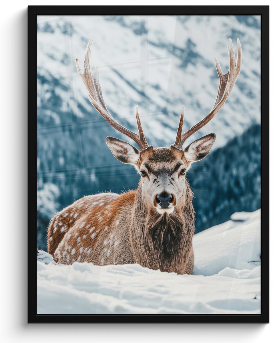 FrameYourWall Poster in lijst - Fotolijst 50x70 cm - Posters - Hert - Landschap - Winter - Natuur - Dieren - Bergen - Posterlijst zwart - Decoratie - Wanddecoratie woonkamer - Muurdecoratie slaapkamer